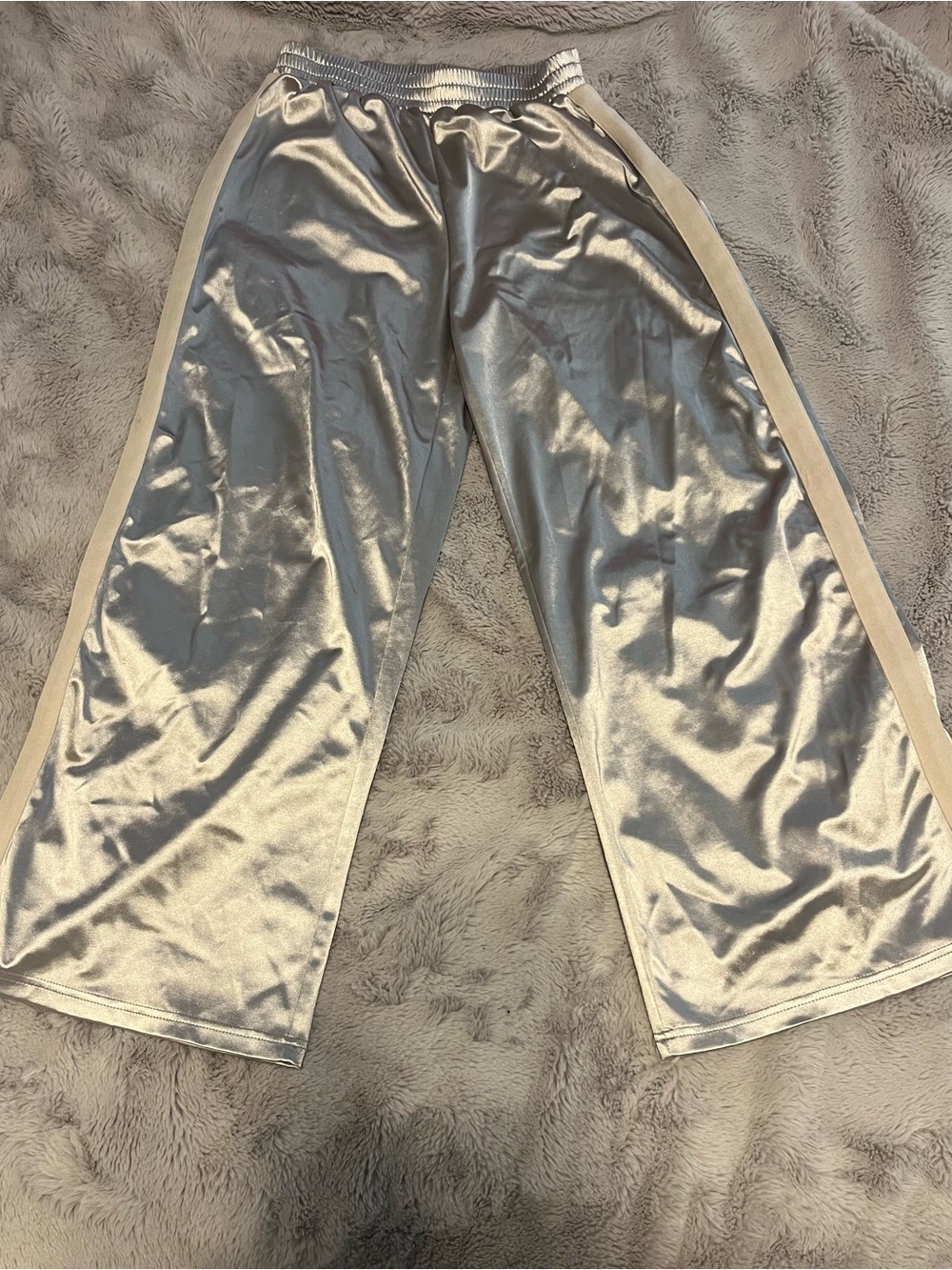 Shiny Silver Wide Leg Track Pants with Cream Side Stripe